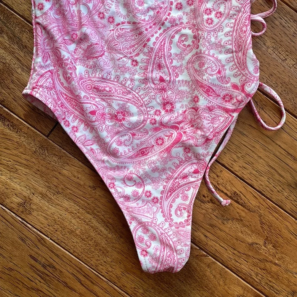 NWT Frankie’s Bikinis Honey Shine pink pattern one piece, one shoulder, …